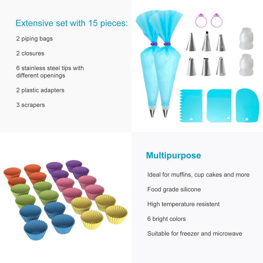 Intirilife Set Per La Cottura Di Cupcake: Stampi Per Muffin In Silicone E Sac À Poche Con Beccucci In Acciaio Inossidabile  