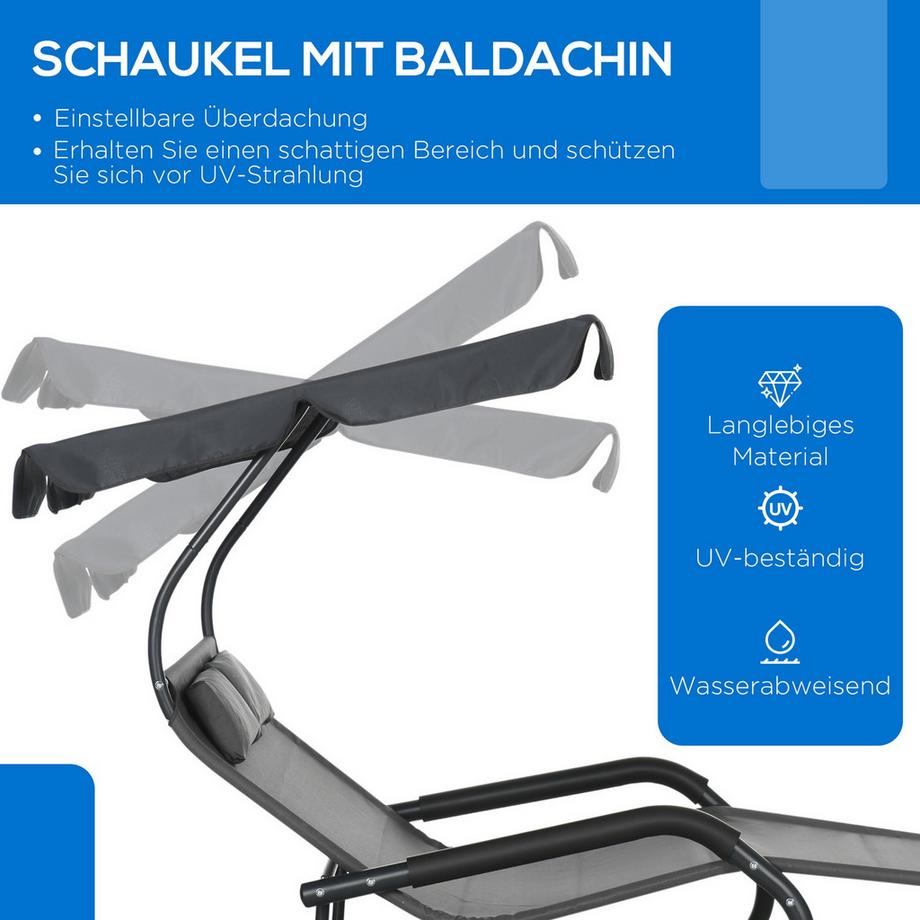 Northio Doppel-Sonnenliege Schaukelbank mit Sonnendach, Schaukelsessel mit Rollen, Gartenliege mit Kopfkissen, 220 kg Belastung, für 2 Personen, Dunkelgrau, 200x139x140cm Aosom  