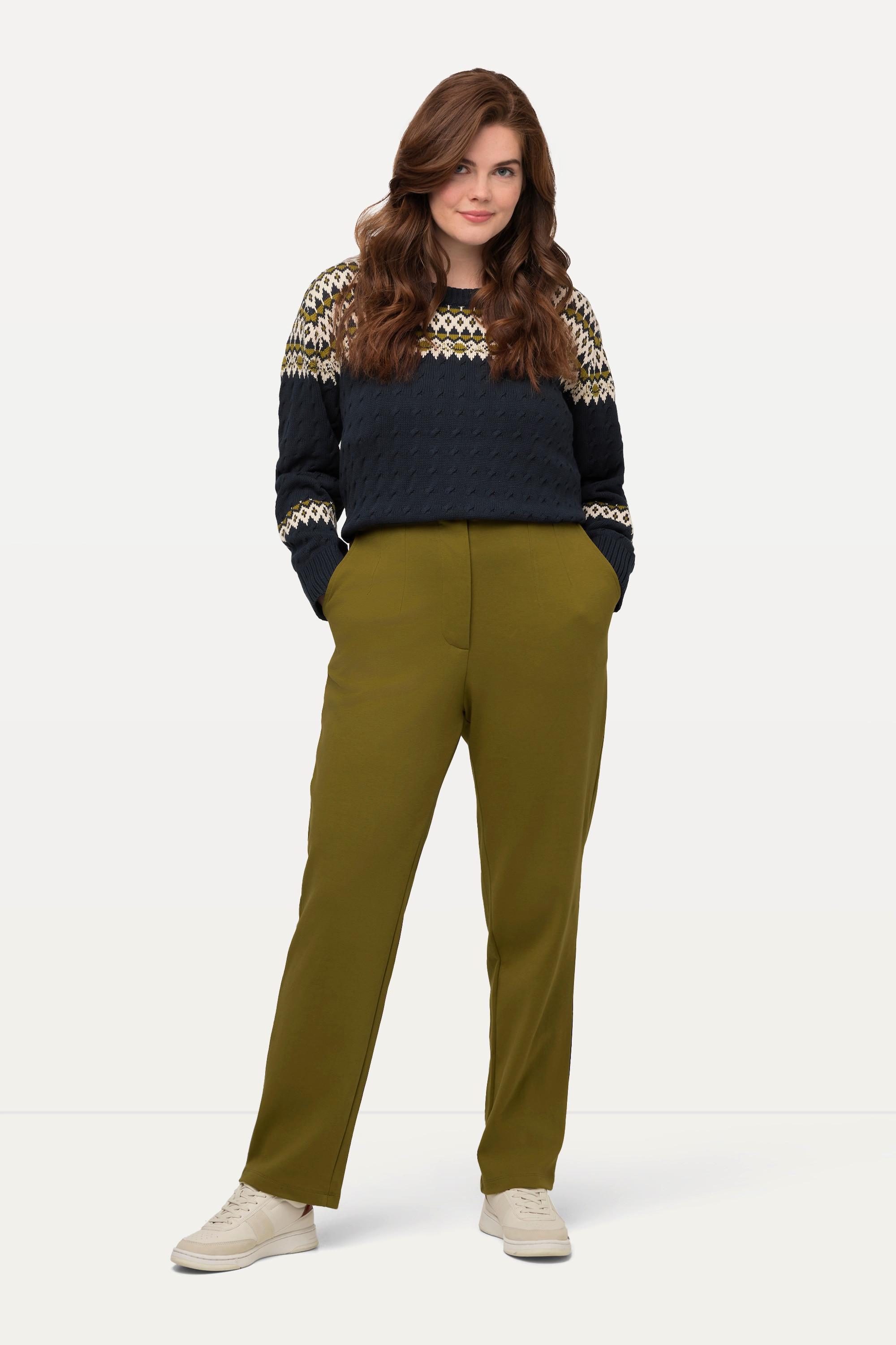 Ulla Popken  Pantalon en jersey Point de Rome, en coton bio, ceinture élastique 