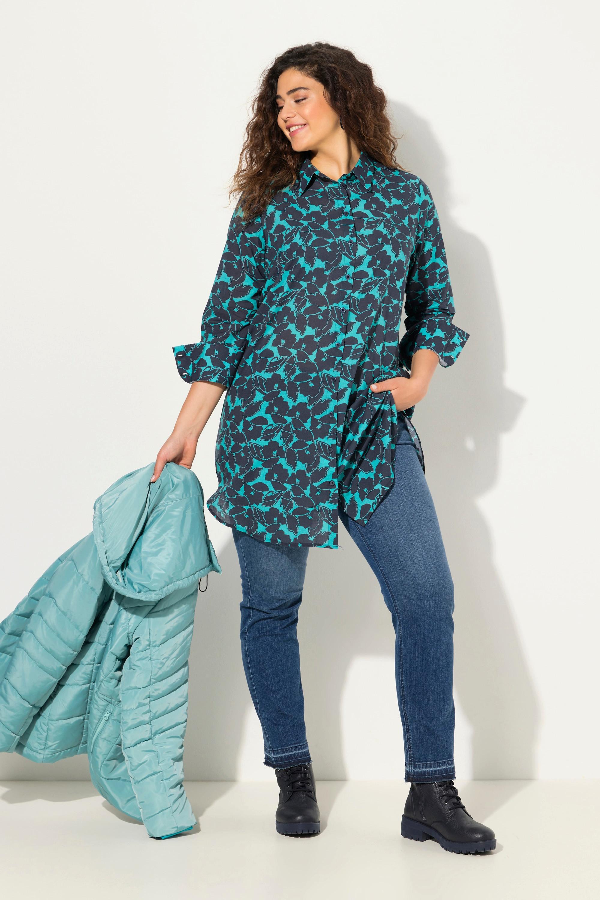 Ulla Popken  Blusa dal taglio lungo e svasato con Paisley, colletto da camicia e maniche lunghe 