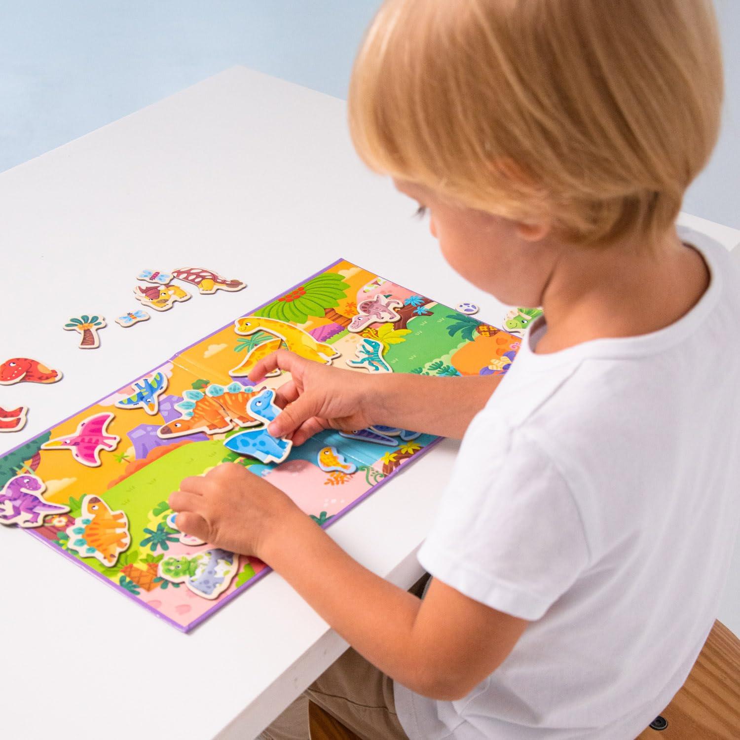 Activity-board  Jeu magnétique dinosaure 32 aimants - jouet de motricité pour enfants avec un grand terrain de jeu pour les occuper pendant la conduite - livre magnétique 