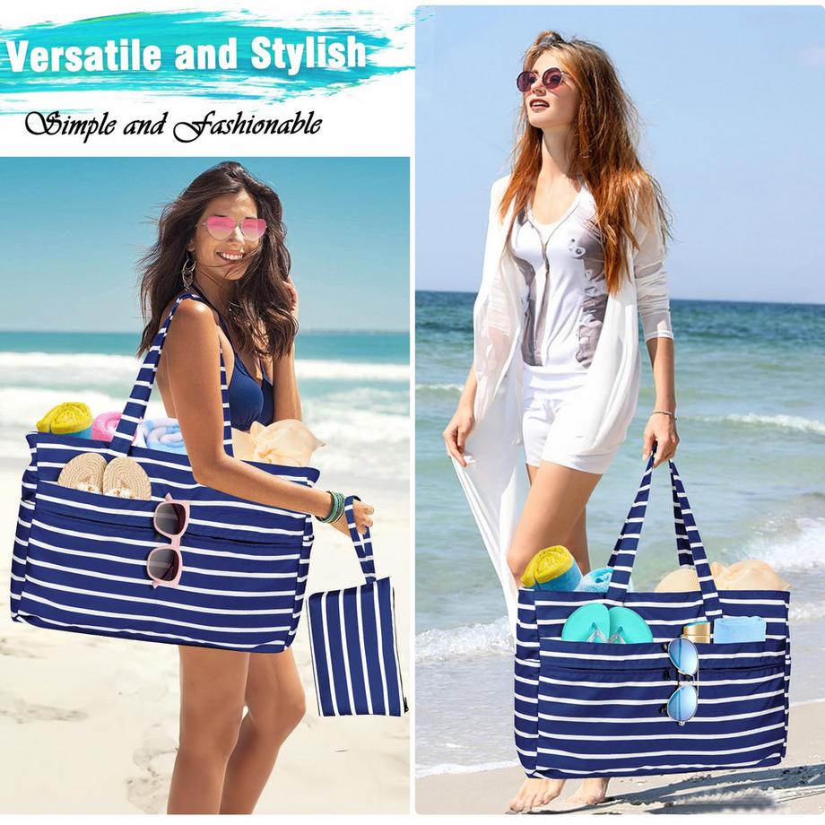Only-bags.store Grande borsa da spiaggia a righe impermeabile con cerniera  