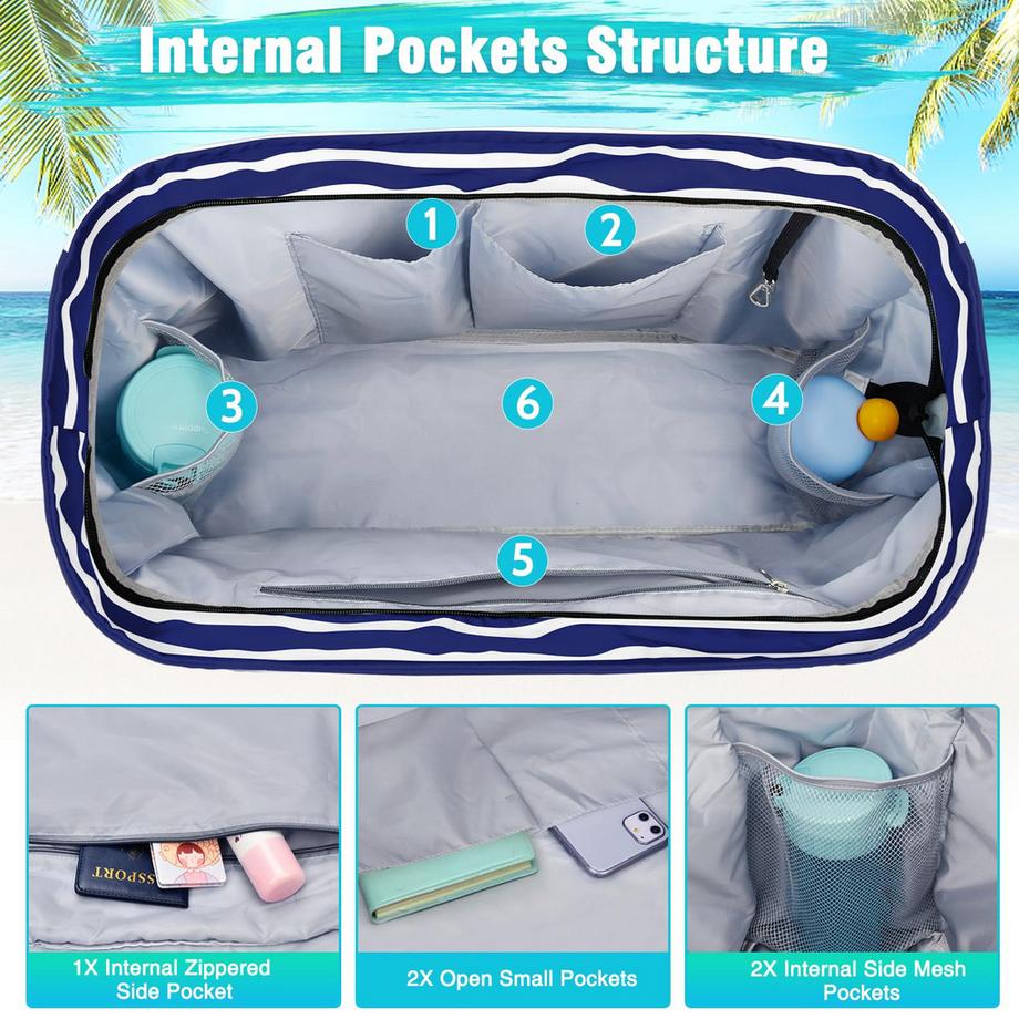 Only-bags.store Grande borsa da spiaggia a righe impermeabile con cerniera  