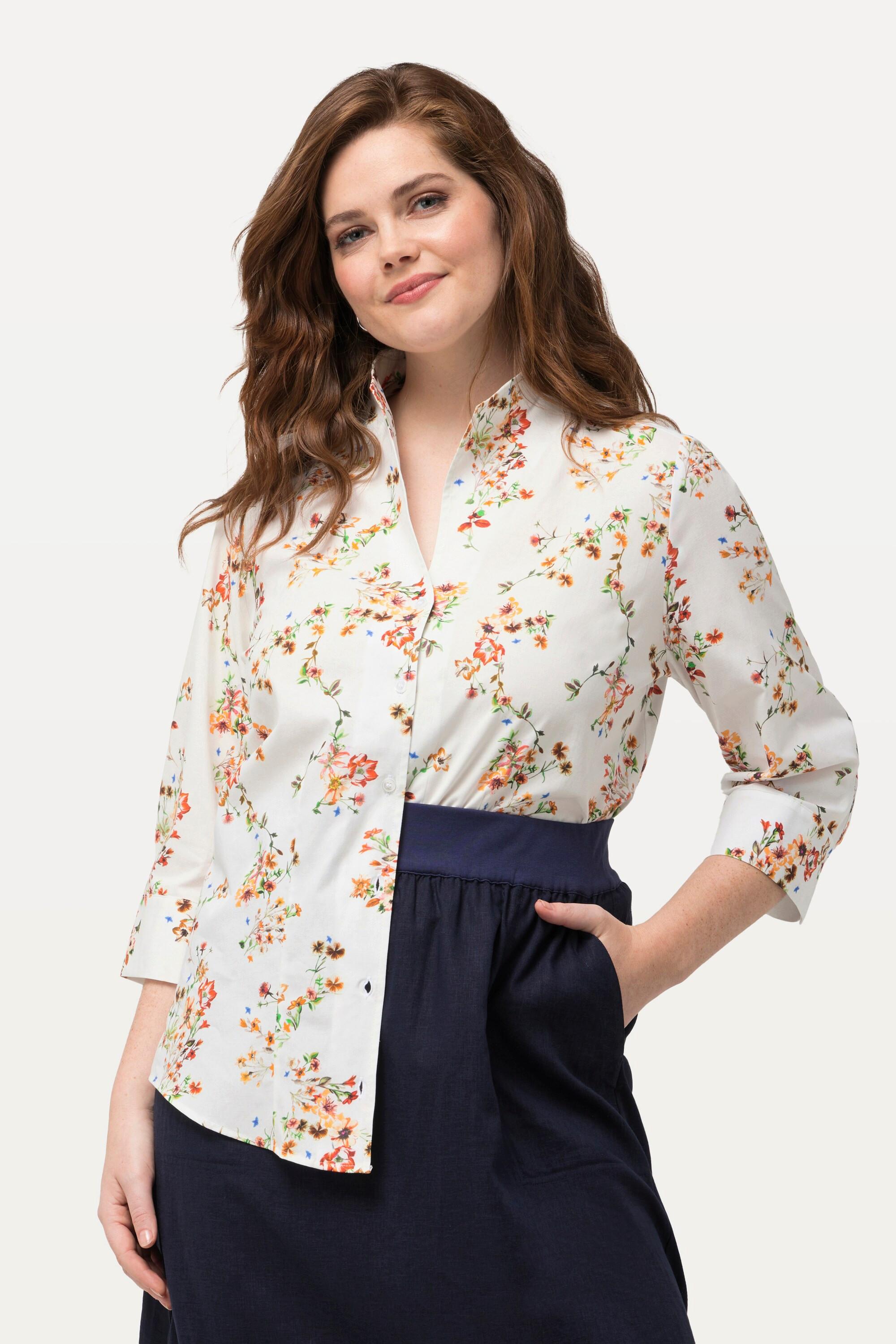 Ulla Popken  Bluse, Blüten, Kelchkragen, 3/4-Arm 