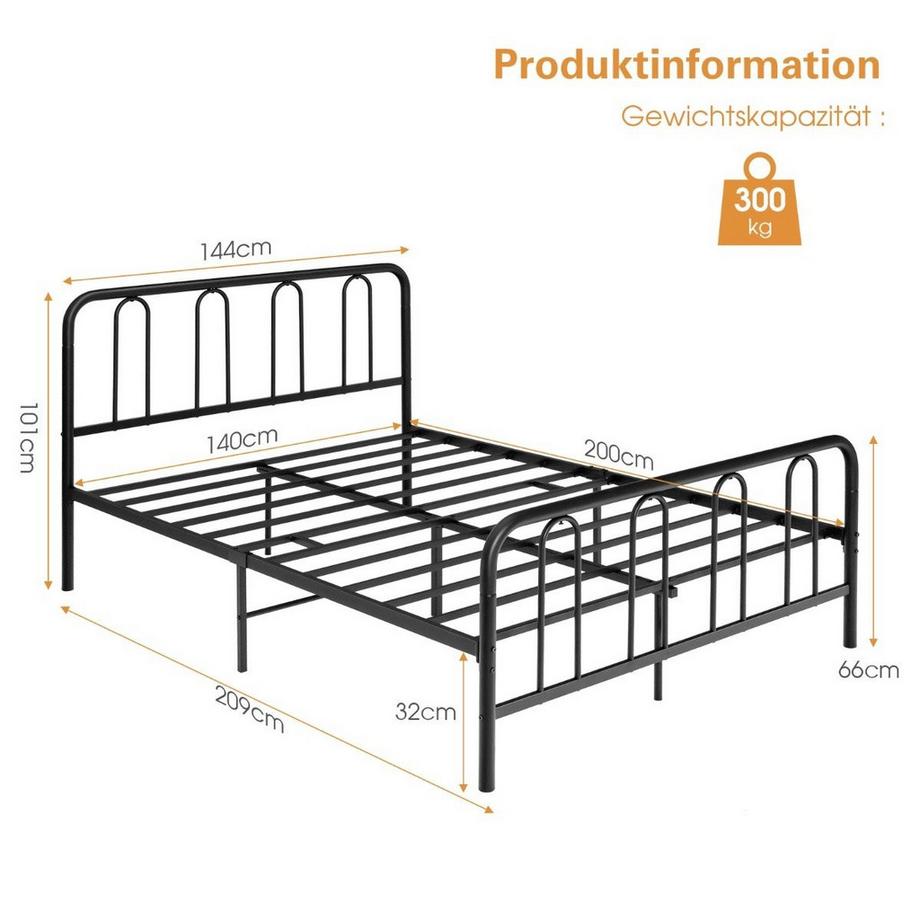 B2X Struttura letto in metallo con testiera e pediera Letto moderno con piattaforma 209 x 144 x 101 cm Nero  