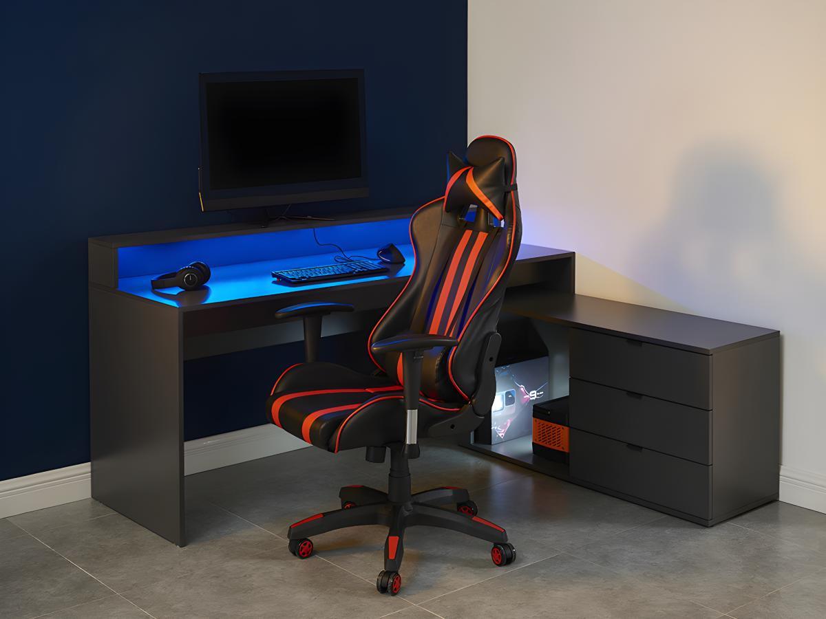 Vente-unique Bureau d'angle gamer NEHA Avec rangements LEDs MDF  