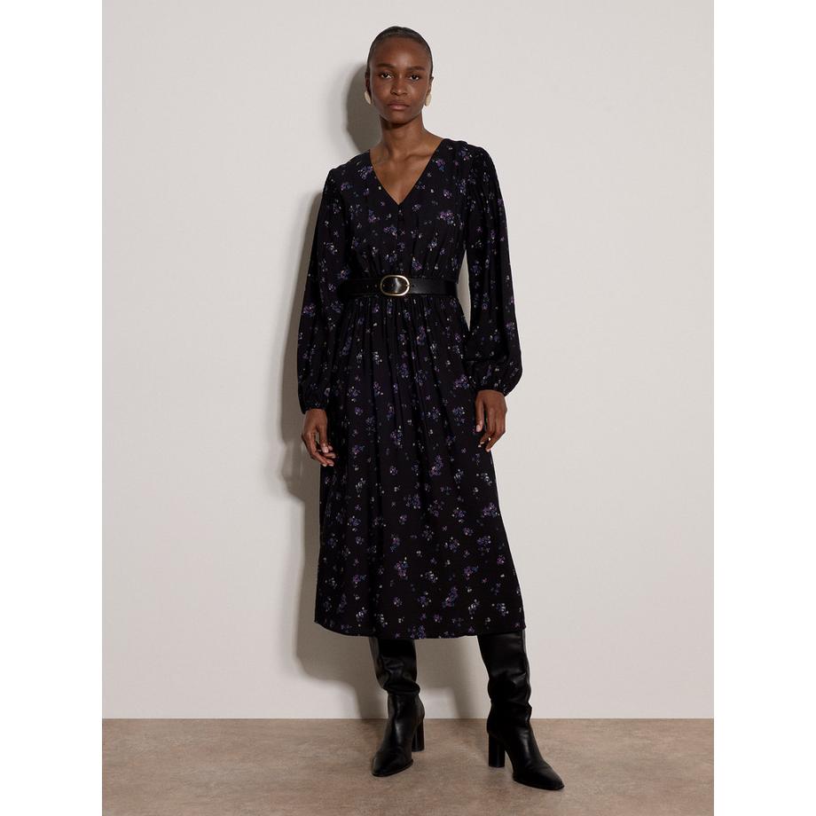 Midi-Kleid mit Vintage-Blumenmuster und Smok-Details