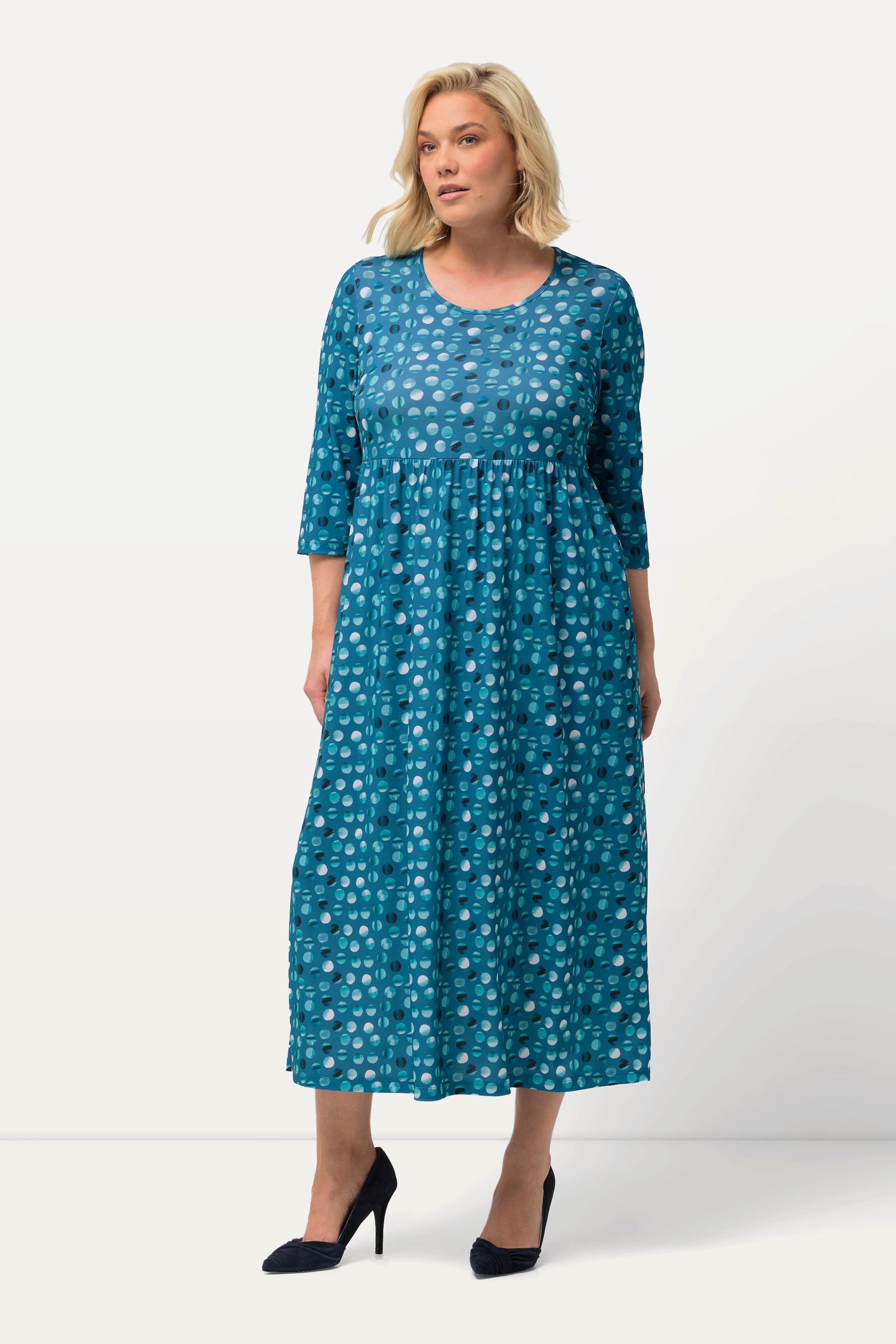 Ulla Popken  Robe en jersey, pois, silhouette en A, col rond, manches 3/4 