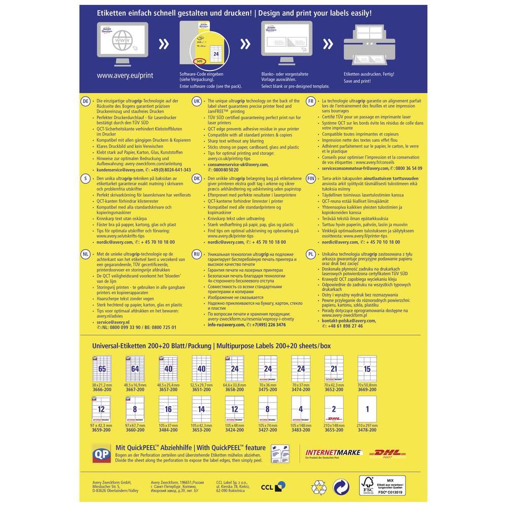 Avery-Zweckform Avery Zweckform Universal-Etiketten, Permanent mit Ultragrip, 70 x 50.8 mm, Inkjet, Laser s/w  