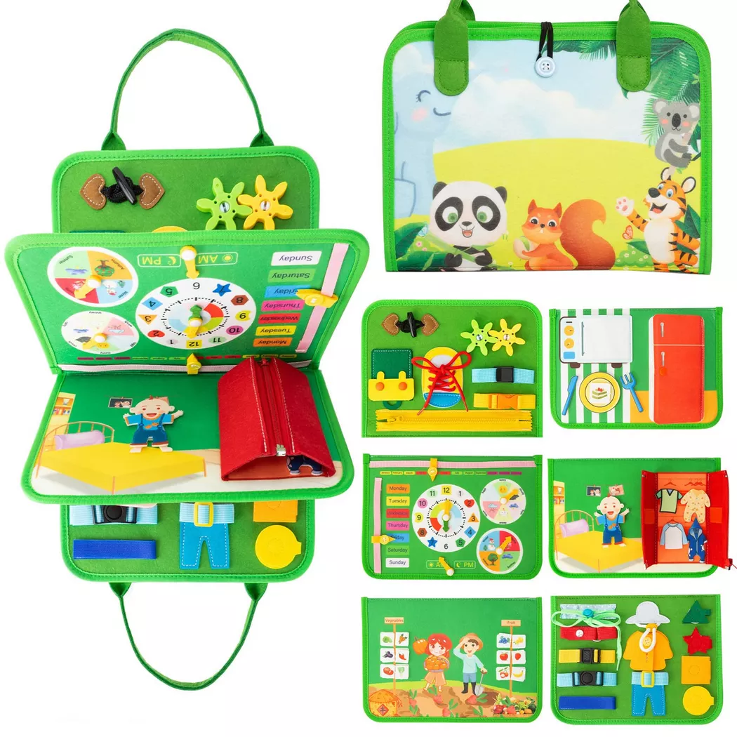 Activity-board - Beschäftigtes Brett Aktivitätsbrett Baby Ruhiges Buch Autismus Bildungsreisespielzeug Vorschullernleben Sensorboard für Feinmotorik, One Size, Rasengrün