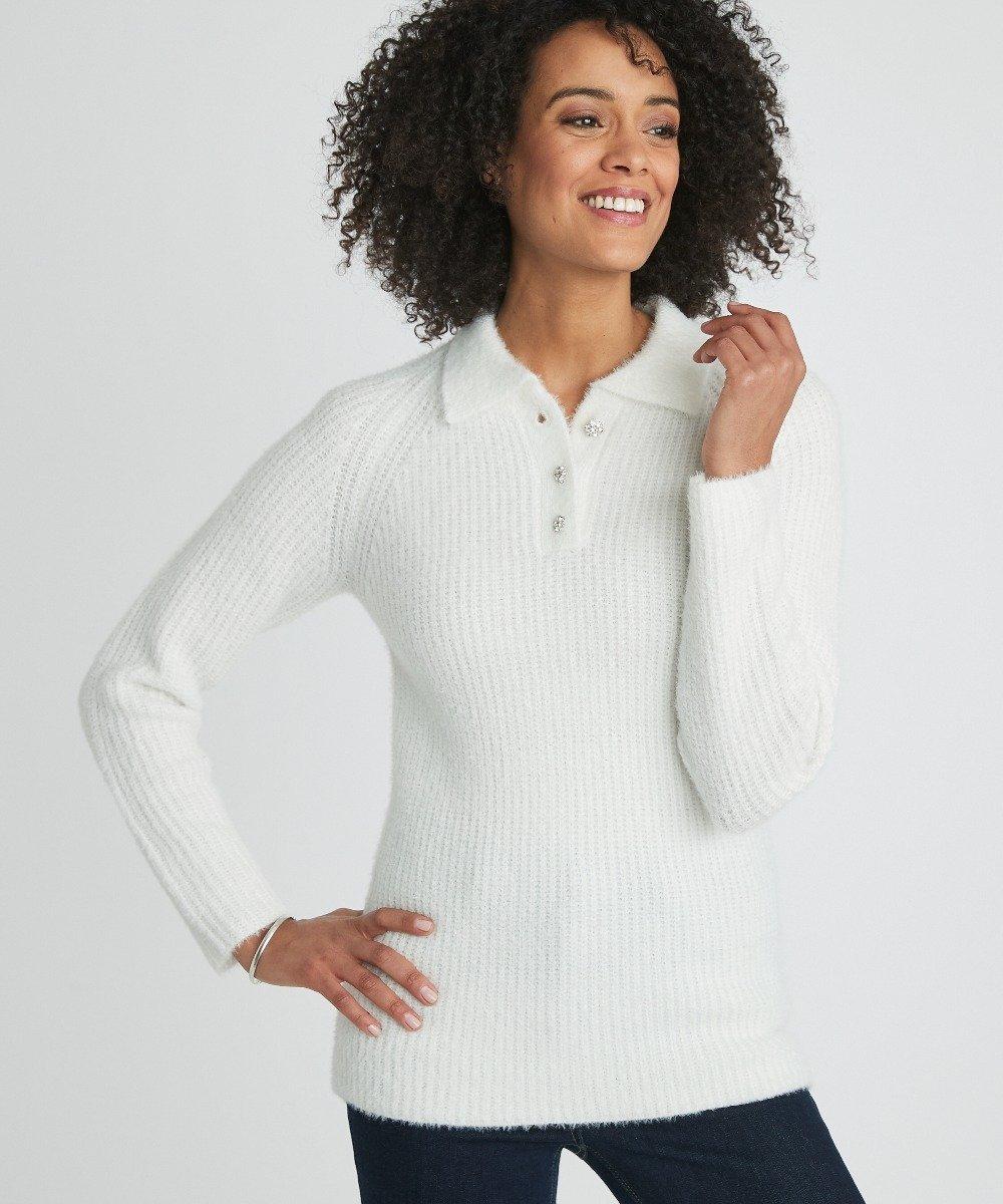 Image of Pullover Aus Umweltfreundlichem Fransenstrick Mit Polokragen. Damen Weiss 46/48