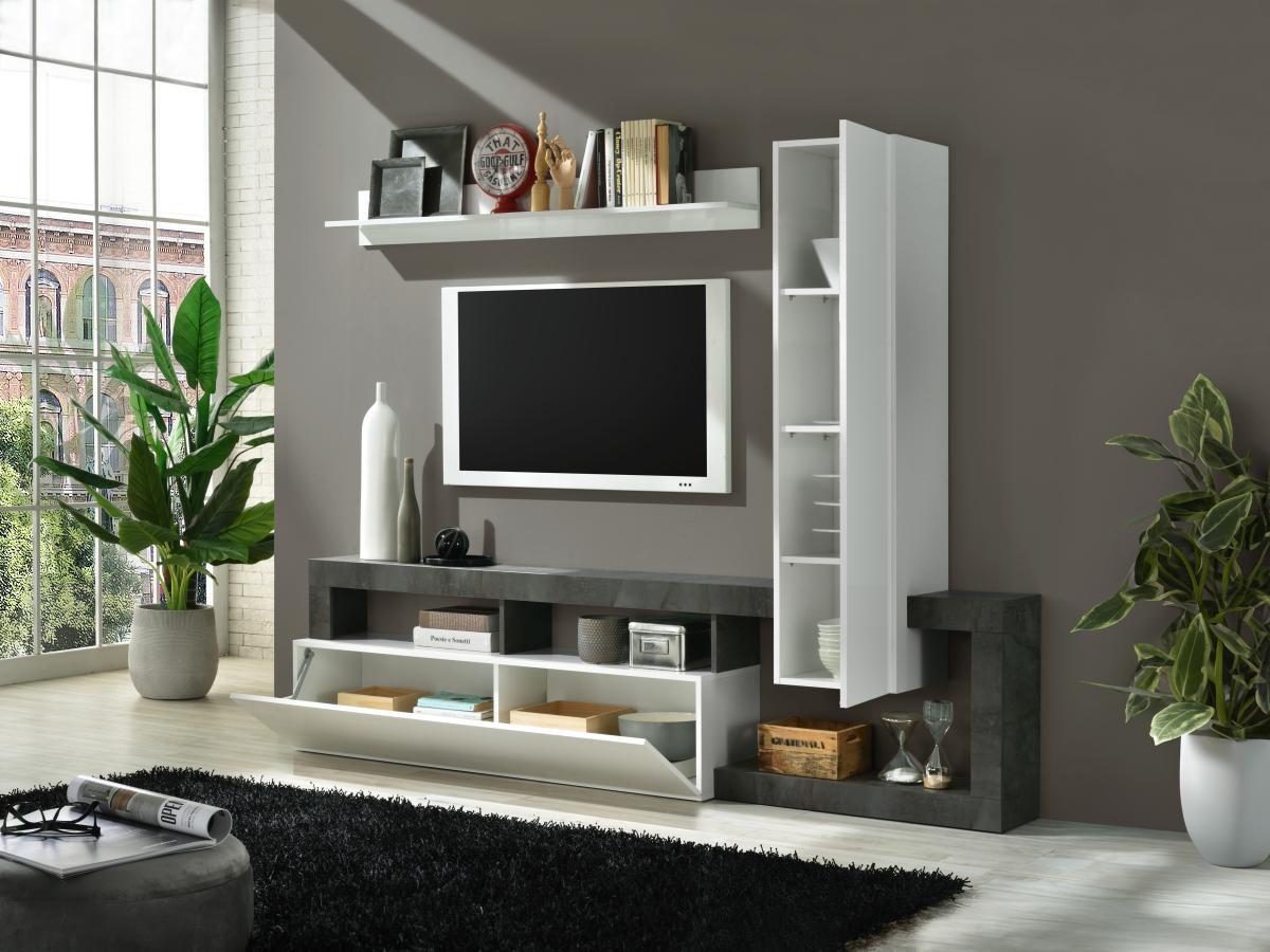 Vente-unique  TV-Wand mit Stauraum - Weiß lackiert & Beton-Optik - SEFRO 