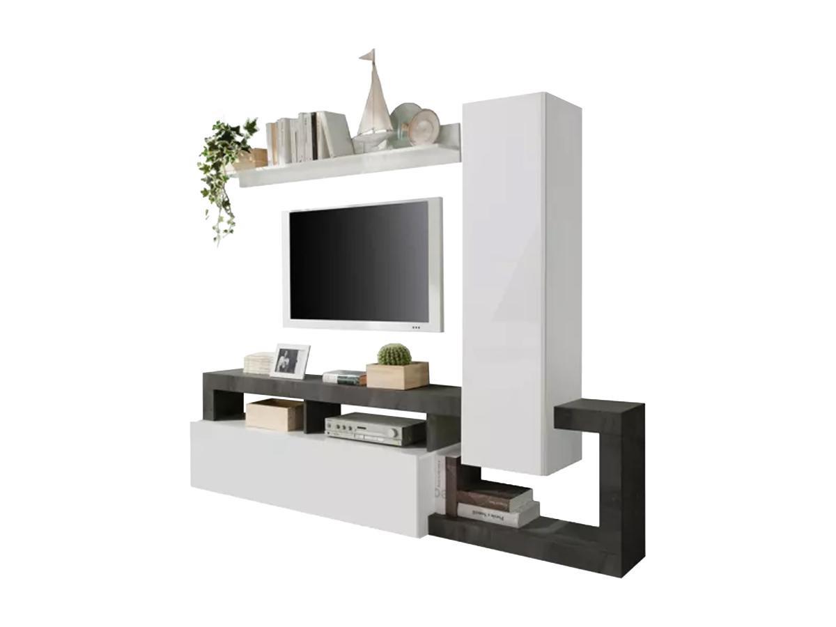 Vente-unique  Mur TV avec rangements - Blanc laqué et béton - SEFRO II 