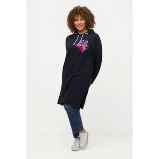 Ulla Popken  Long sweat-shirt à capuche, message imprimé. Fente sur le côté et manches longues. 