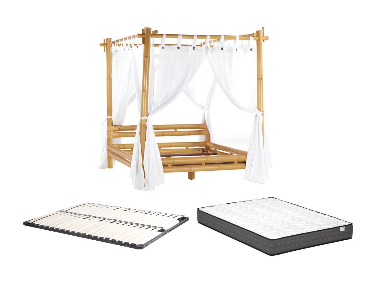 Image of Himmelbett mit Vorhang - 160 x 200 cm - Bambus - Holzfarben + Lattenrost + Matratze - MALINDI Himmelbett mit Vorhang - 160 x 200 cm - Bambus - Holzfarben + Lattenrost + Matratze - MALINDI