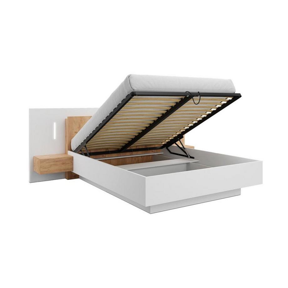 Vente-unique Letto con vano con comodini + Materasso - 2 cassetti - con LED - 160 x 200 cm - Bianco e Naturale - FRANCOLI  