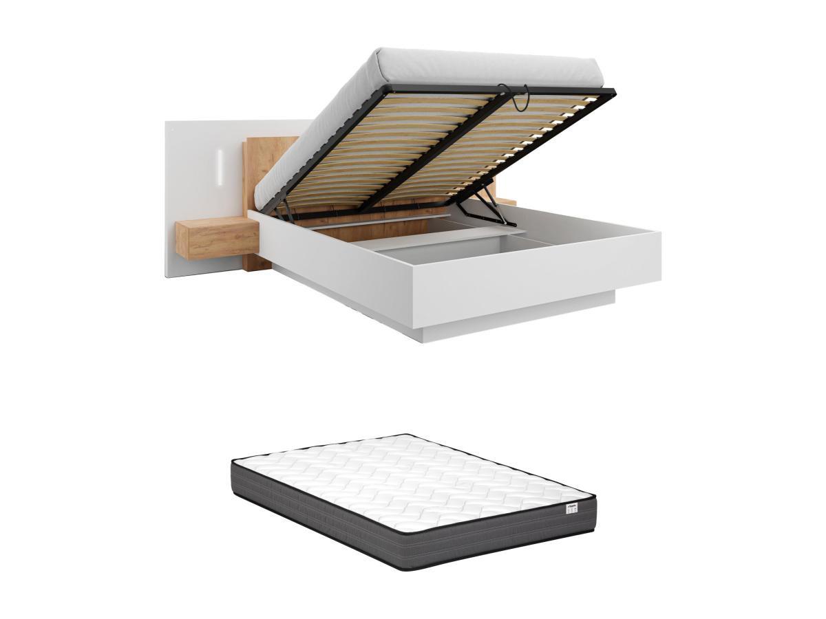 Image of Bett mit Bettkasten mit Nachttischen + Matratze - 160 x 200 cm - 2 Schubladen + LEDs - Weiß & Holzfarben - FRANCOLI Bett mit Bettkasten mit Nachttischen + Matratze - 160 x 200 cm - 2 Schubladen + LEDs - Weiß & Holzfarben - FRANCOLI