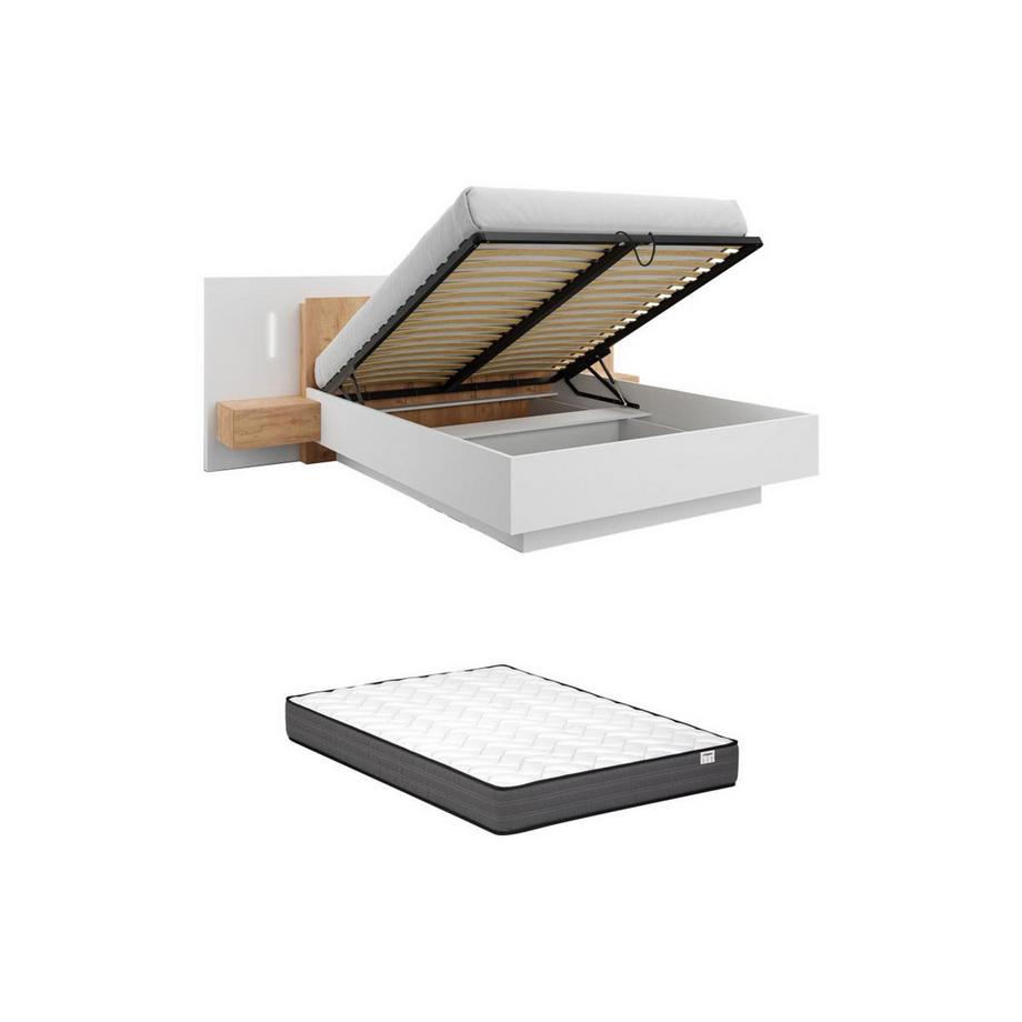 Vente-unique Letto con vano con comodini + Materasso - 2 cassetti - con LED - 160 x 200 cm - Bianco e Naturale - FRANCOLI  