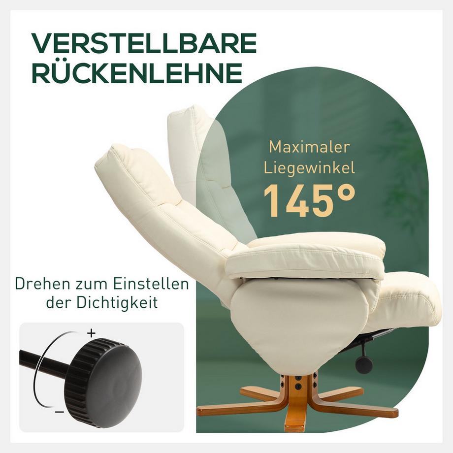 Northio Relaxsessel mit Hocker, Stauraum, Gepolstert Fernsehsessel mit Liegefunktion, 360° Drehbar TV-Sessel für Schlafzimmer, Wohnzimmer, Kunstleder, Cremeweiß  
