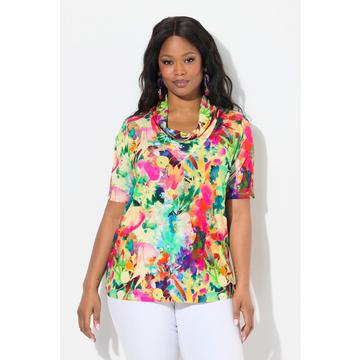 Maglia in tessuto fluente, scollo a goccia e mezze maniche blu oceano