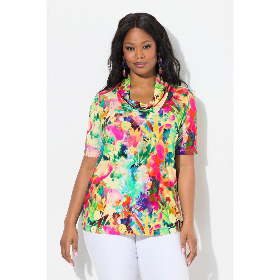 Ulla Popken Maglia in tessuto fluente Stampa floreale Scollo a goccia Mezze maniche  