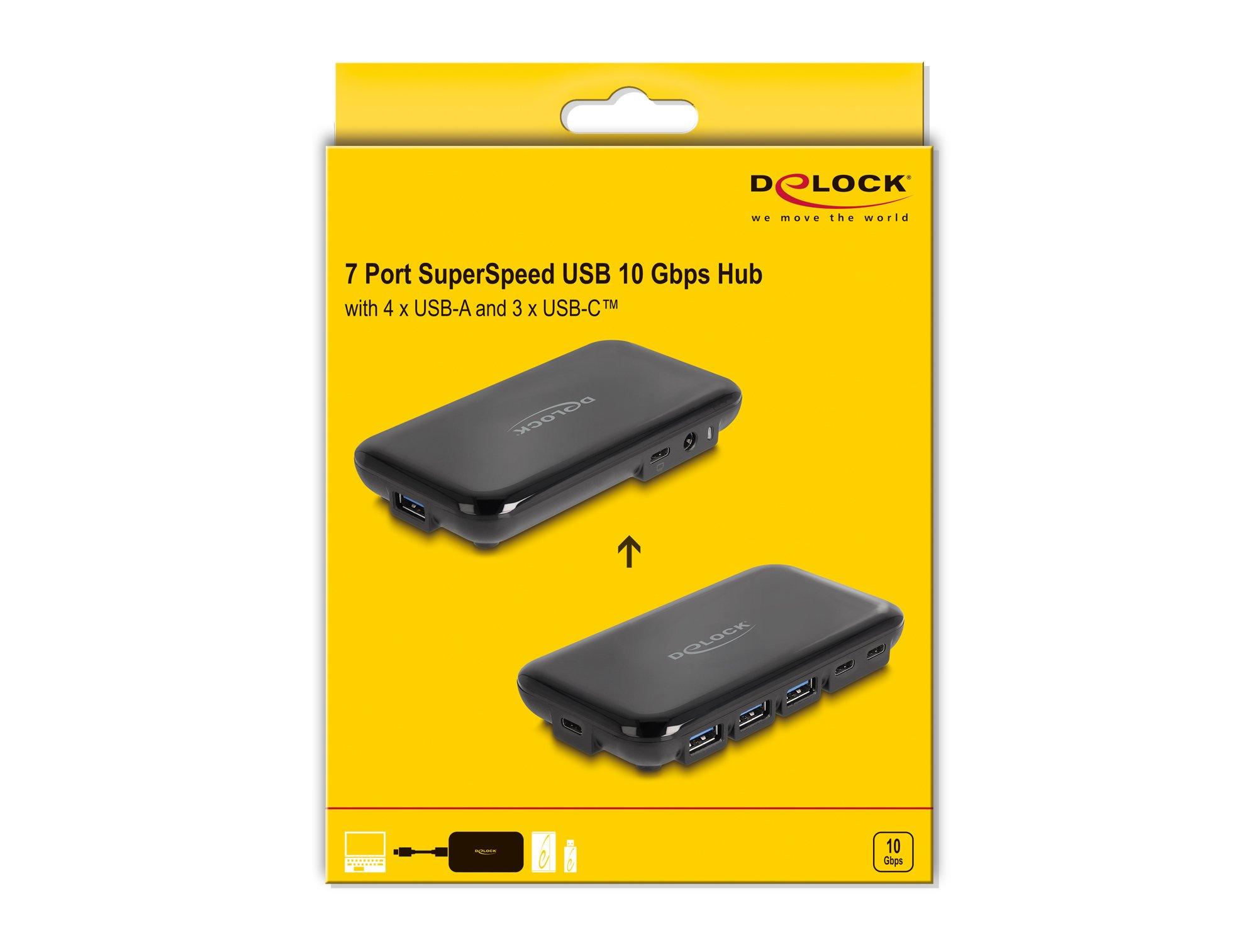 DeLock  Hub USB 3.2 Gen 2 a 7 porte con 4 porte USB Tipo-A e 3 porte USB Type-C 