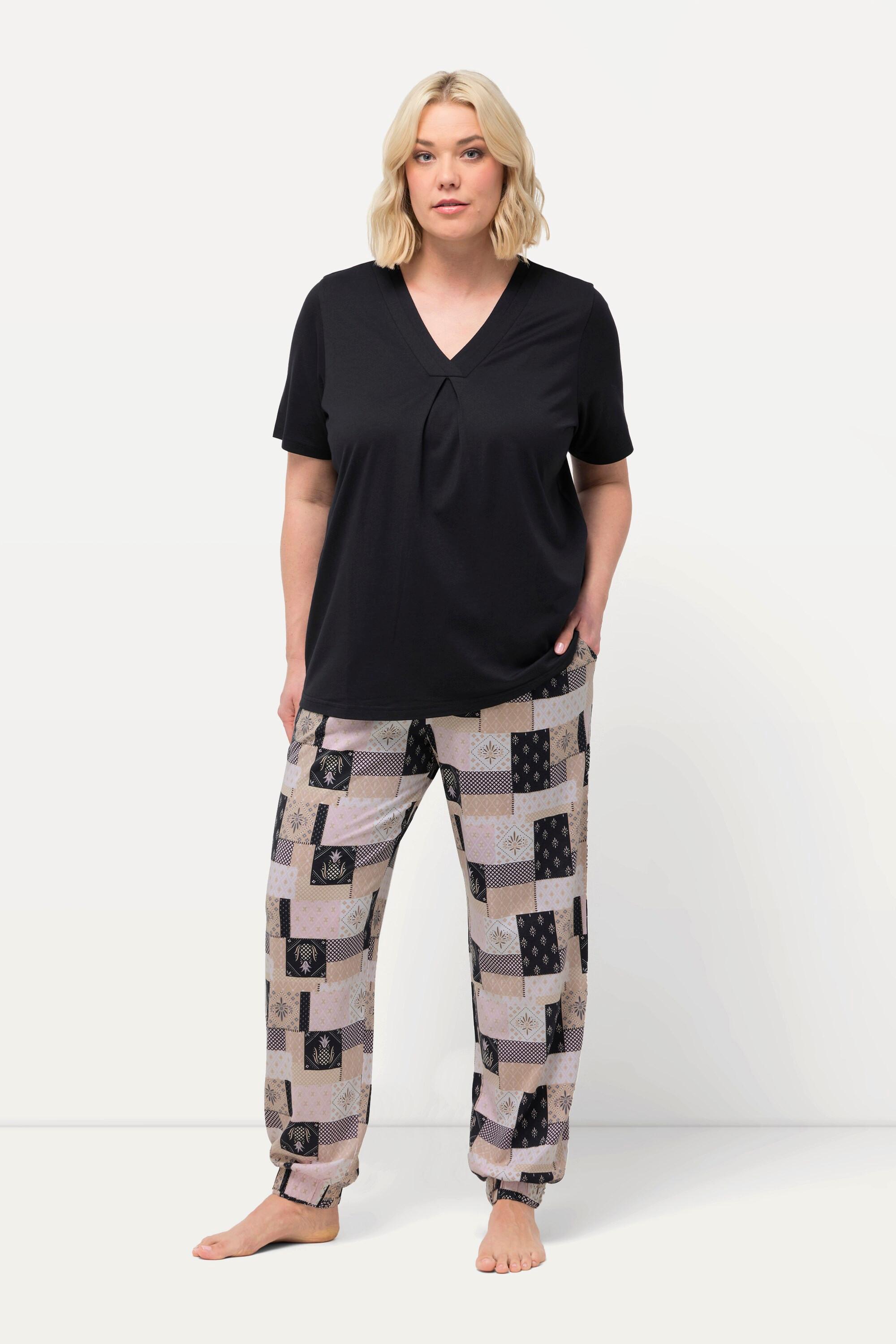 Ulla Popken  Pyjama à mélange de motifs, col V et manches courtes 