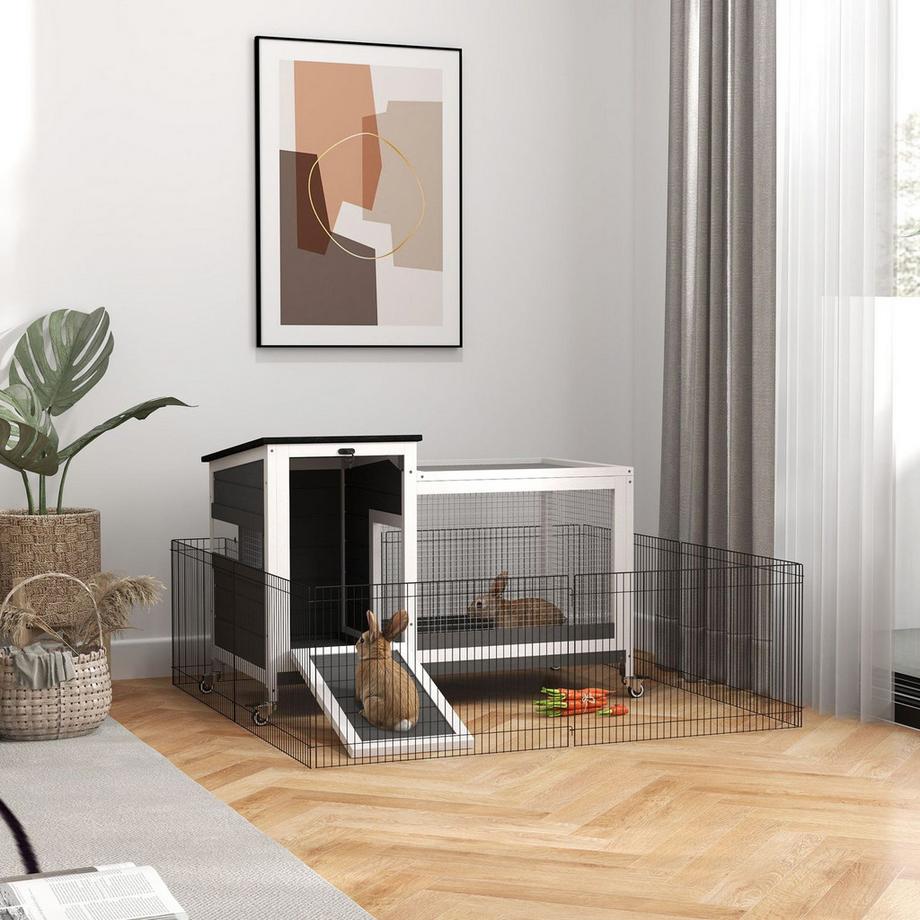 Northio  Kaninchenstall aus Holz Hasenstall mit Freilaufgehege Rädern Klappdach Ausziehbarem Tablett Metallgitter Winterfest Meerschweinchenstall Kaninchenkäfig für Innen, draußen 92x52x67 cm Dunkelgrau Aosom 