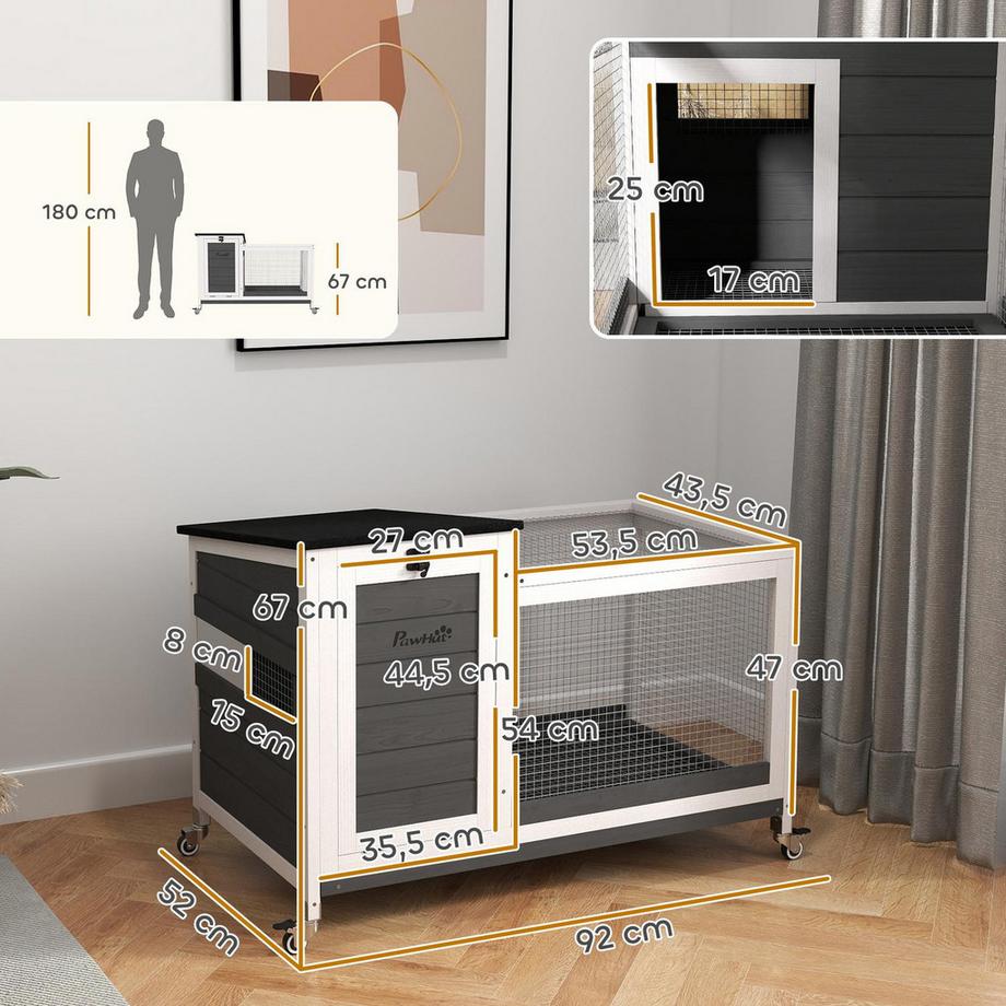 Northio  Kaninchenstall aus Holz Hasenstall mit Freilaufgehege Rädern Klappdach Ausziehbarem Tablett Metallgitter Winterfest Meerschweinchenstall Kaninchenkäfig für Innen, draußen 92x52x67 cm Dunkelgrau Aosom 
