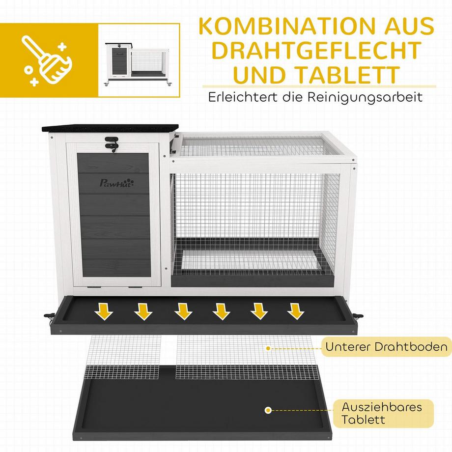 Northio  Kaninchenstall aus Holz Hasenstall mit Freilaufgehege Rädern Klappdach Ausziehbarem Tablett Metallgitter Winterfest Meerschweinchenstall Kaninchenkäfig für Innen, draußen 92x52x67 cm Dunkelgrau Aosom 