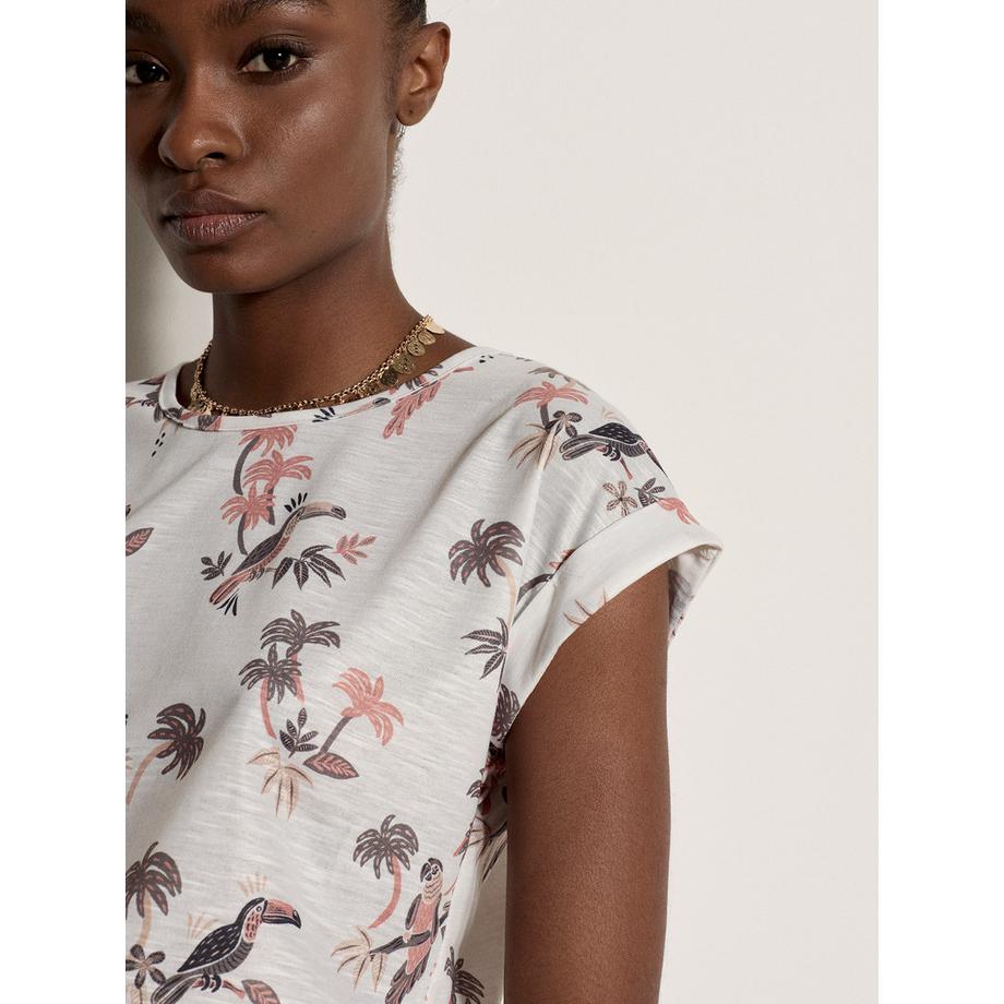 APRICOT T-Shirt Slub Imprimé Perroquets Palmiers  