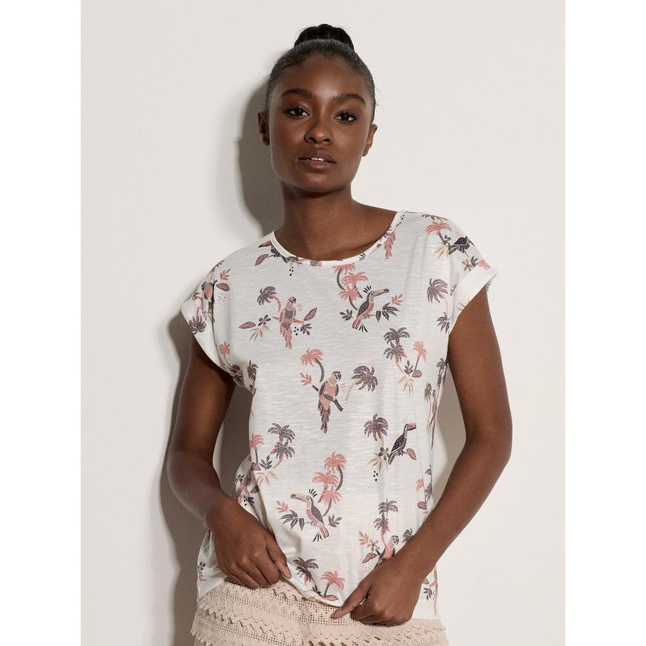 T-shirt en tissu slub imprimé perroquets et palmiers