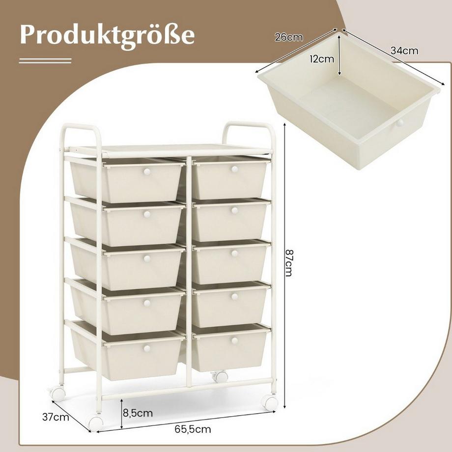 Northix Carrello portaoggetti con ruote e 10 cassetti  