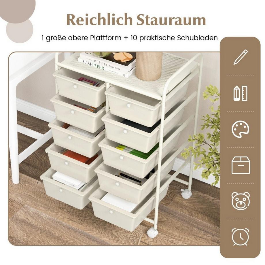 Northix Carrello portaoggetti con ruote e 10 cassetti  