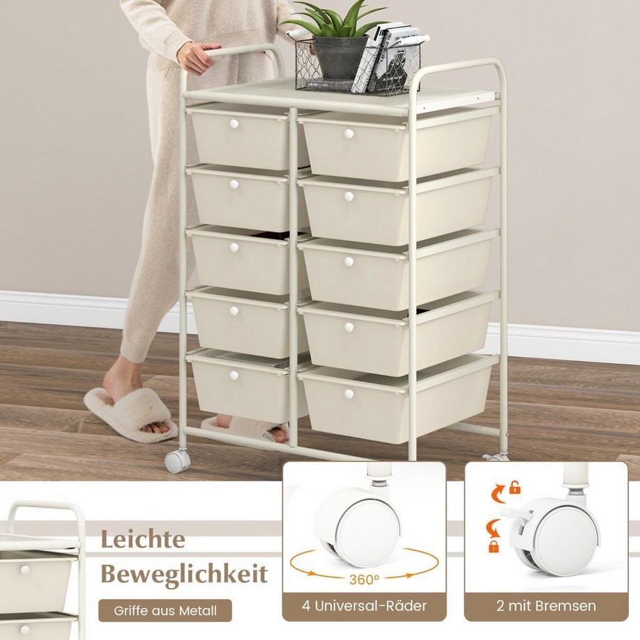 Northix Carrello portaoggetti con ruote e 10 cassetti  