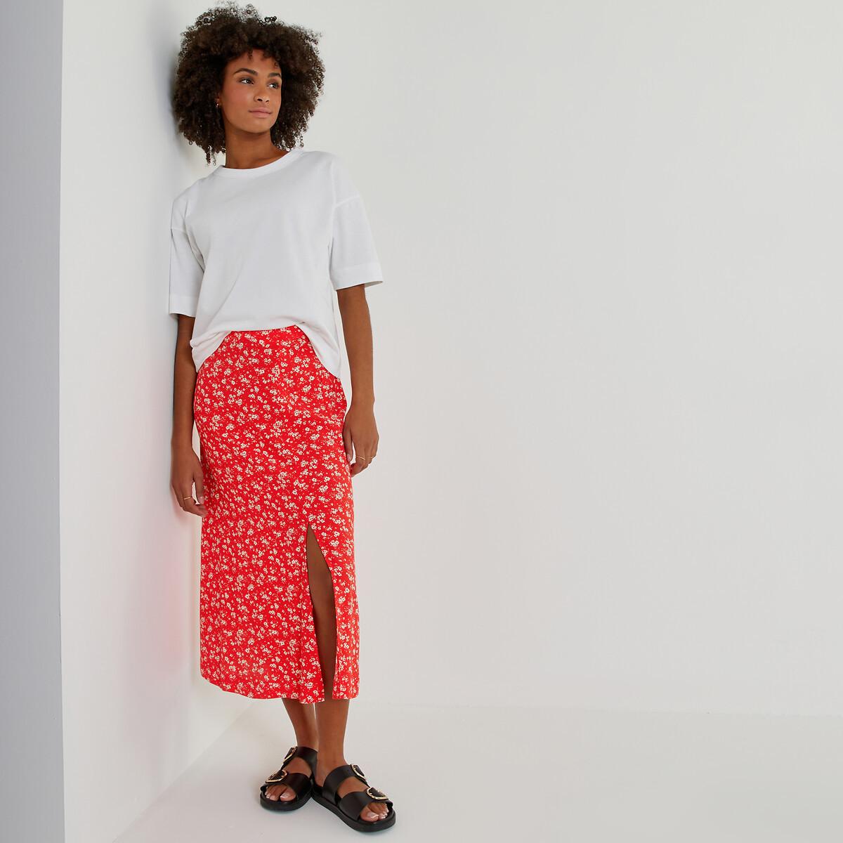 Image of Geblümter Midirock Mit Gehschlitz Damen Rot 46