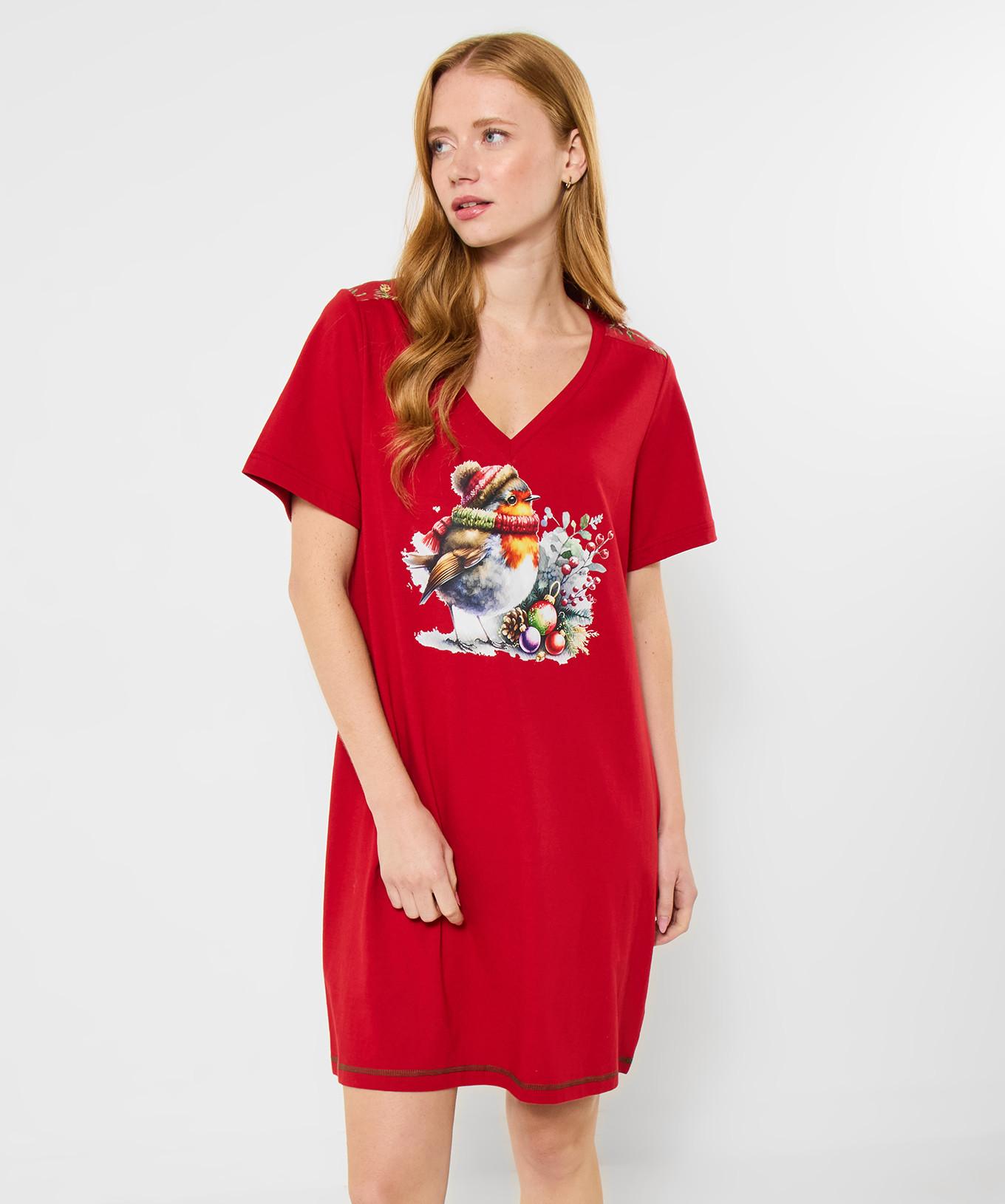 Joe Browns Camicia da Notte Festiva in Jersey con Stampa Pettirosso  