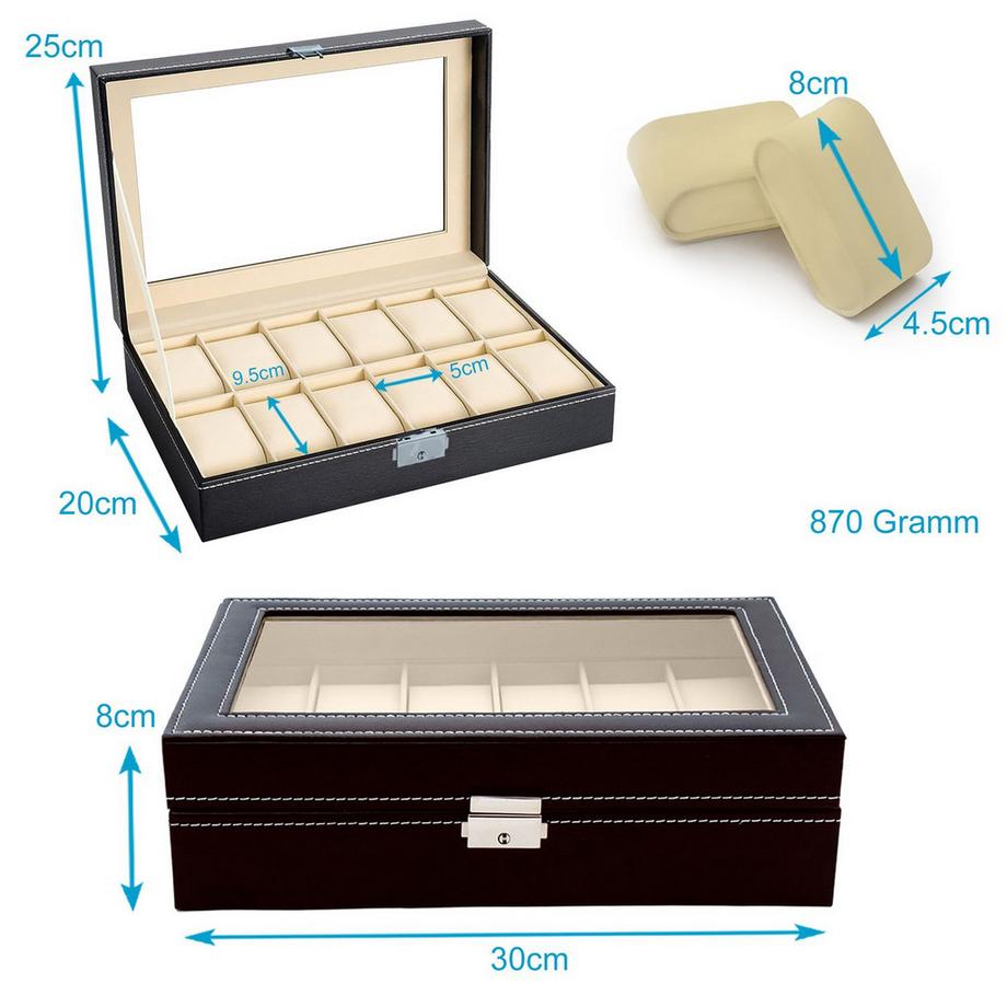 Intirilife  Intirilife Uhrenschatulle mit 12 Steckplätzen Uhrenbox mit Glasdeckel 