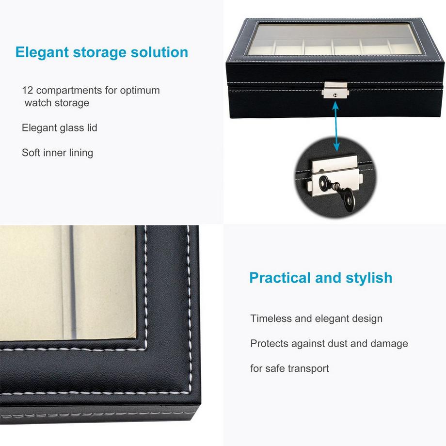 Intirilife  Intirilife Uhrenschatulle mit 12 Steckplätzen Uhrenbox mit Glasdeckel 