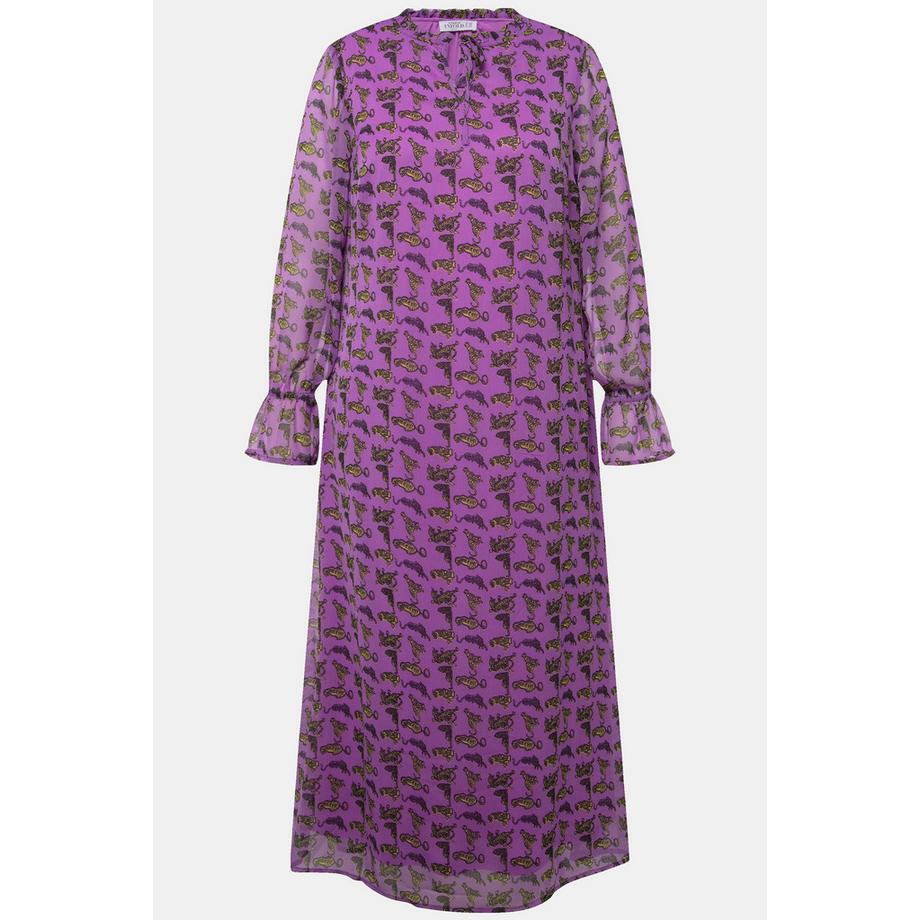 Studio Untold Abito Maxi Svasato Chiffon Stampa Tigre Volant Collo con Ruche Maniche Lunghe  