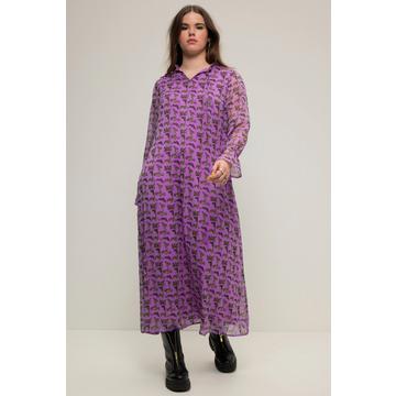 Robe maxi trapèze en mousseline. Imprimé tigres, volants, col ruché et manches longues