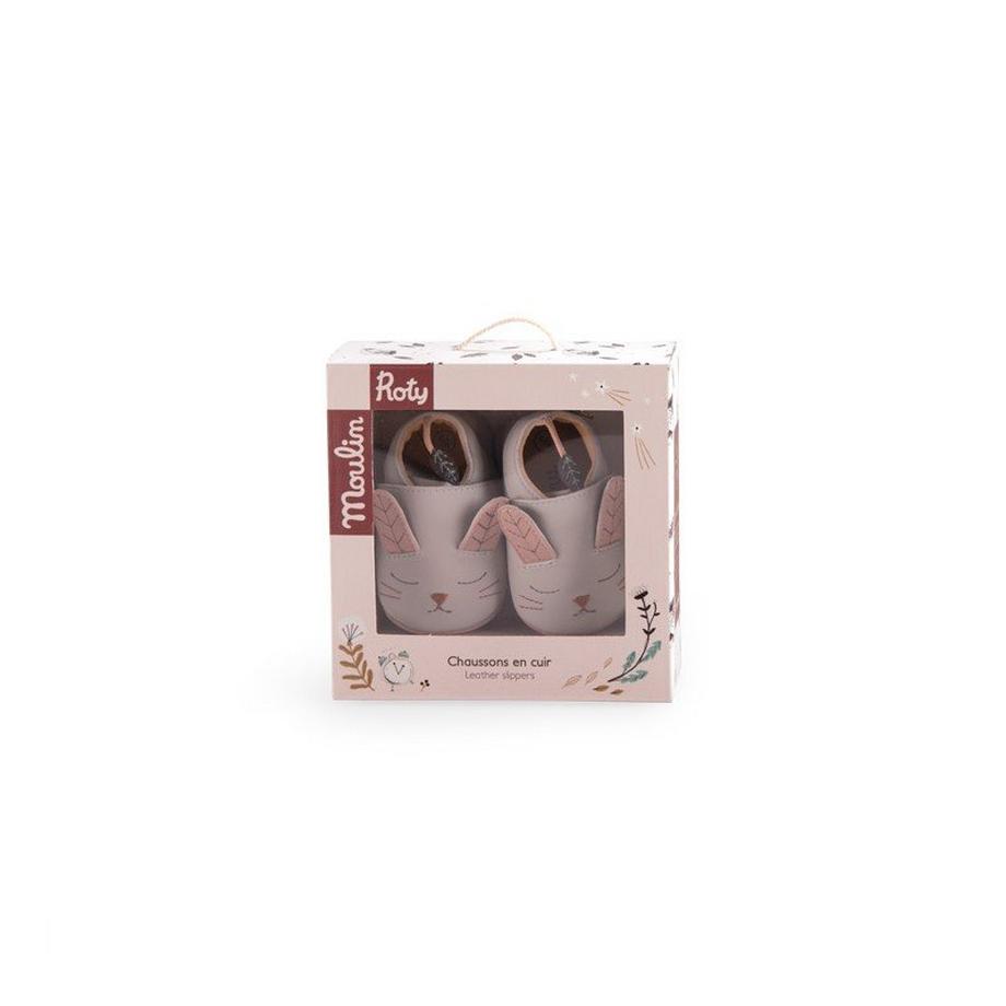 Moulin Roty  Chaussons en cuire, lapin, gris, 18/24 mois, Après la pluie, Moulin Roty 