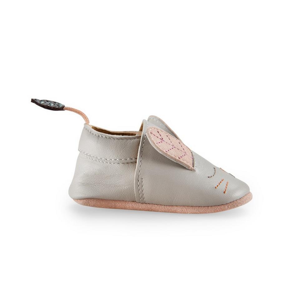 Moulin Roty  Chaussons en cuire, lapin, gris, 18/24 mois, Après la pluie, Moulin Roty 