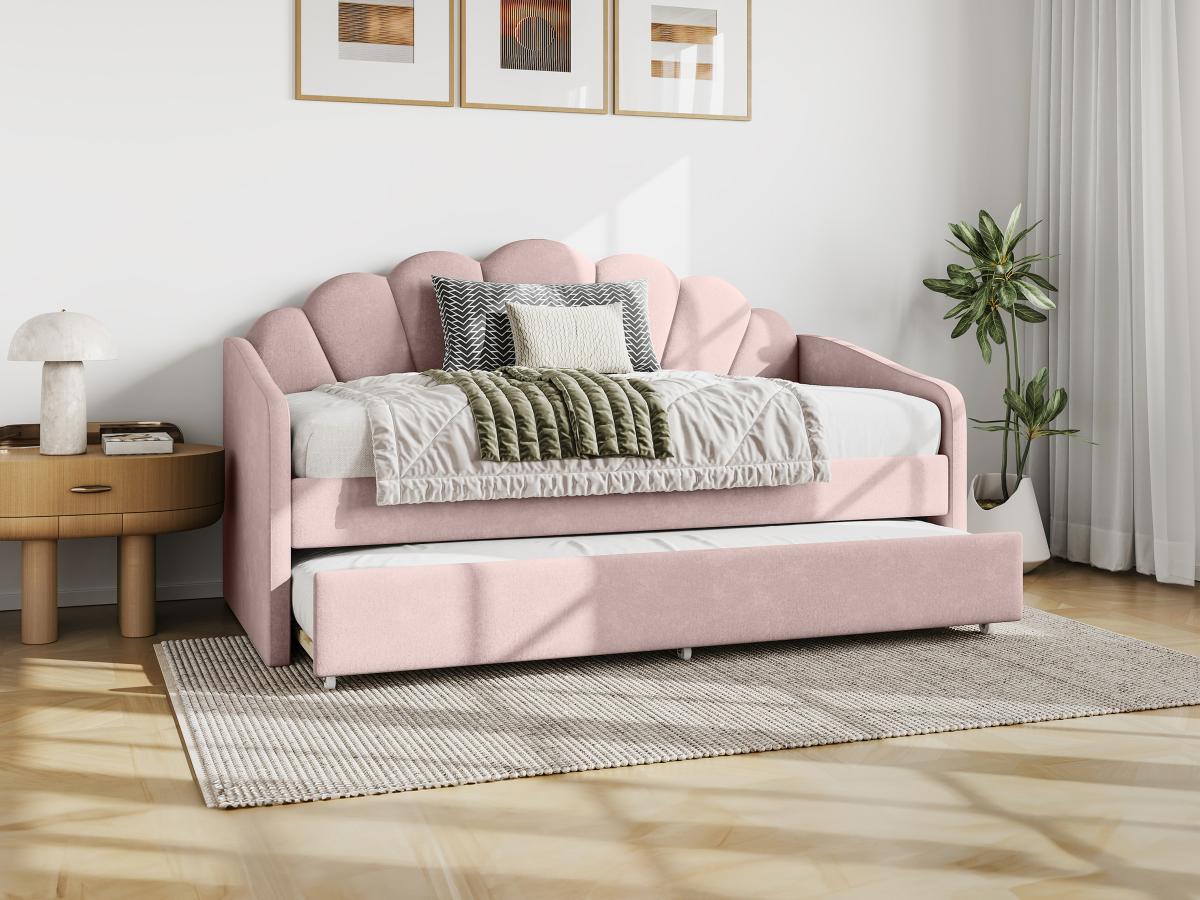 Vente-unique Lit gigogne coquillage 2 x 90 x 190 cm - Velours - Rose - ELUSIA  