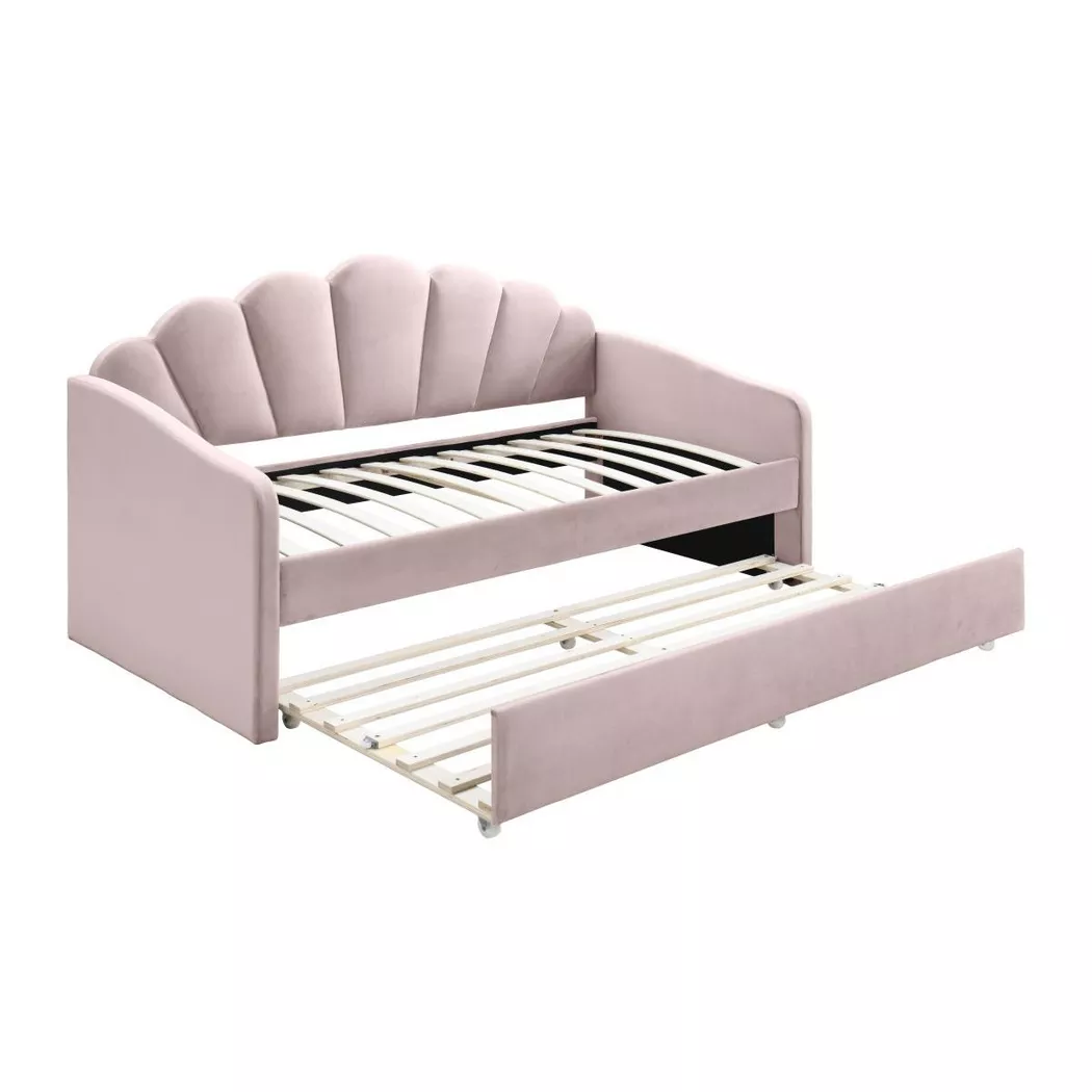 Vente-unique - Lit gigogne coquillage 2 x 90 x 190 cm - Velours - Rose - elusia