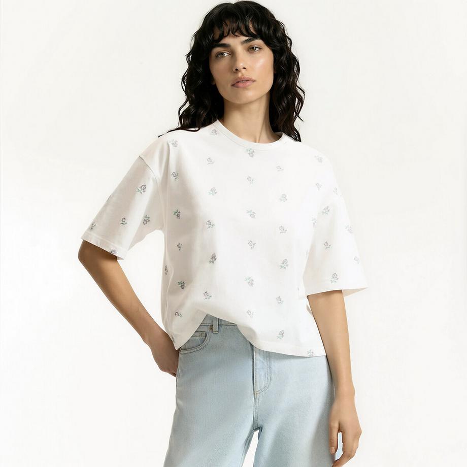 T-shirt col rond manches courtes brodé floral