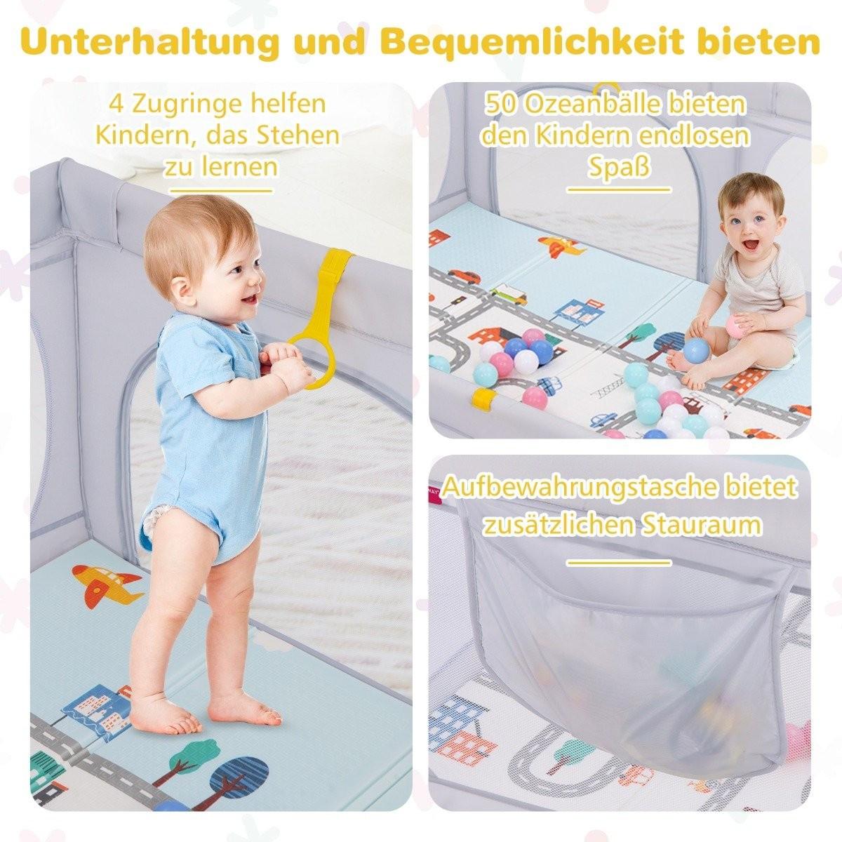 Northix  Baby Laufstall mit Matratze & 50 Spielbällen & 4 Zugringen & 4 Reißverschlusstür Hellgrau 