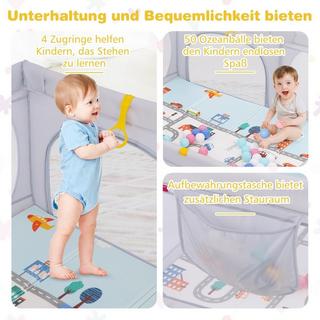 Northix  Baby Laufstall mit Matratze & 50 Spielbällen & 4 Zugringen & 4 Reißverschlusstür Hellgrau 