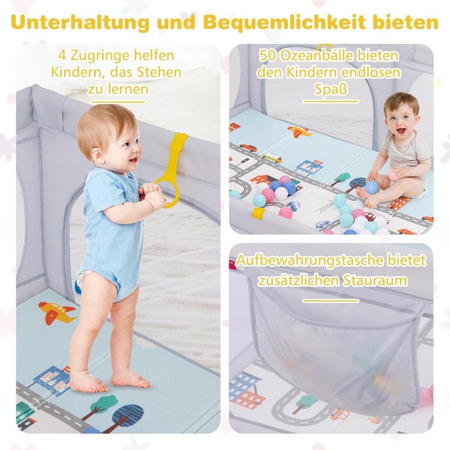 Northix  Baby Laufstall mit Matratze & 50 Spielbällen & 4 Zugringen & 4 Reißverschlusstür Hellgrau 