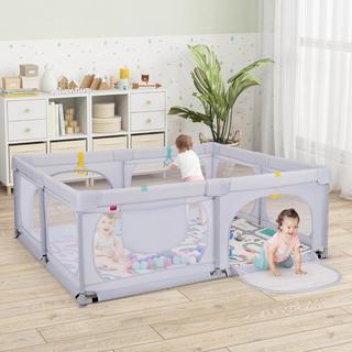 Northix  Baby Laufstall mit Matratze & 50 Spielbällen & 4 Zugringen & 4 Reißverschlusstür Hellgrau 